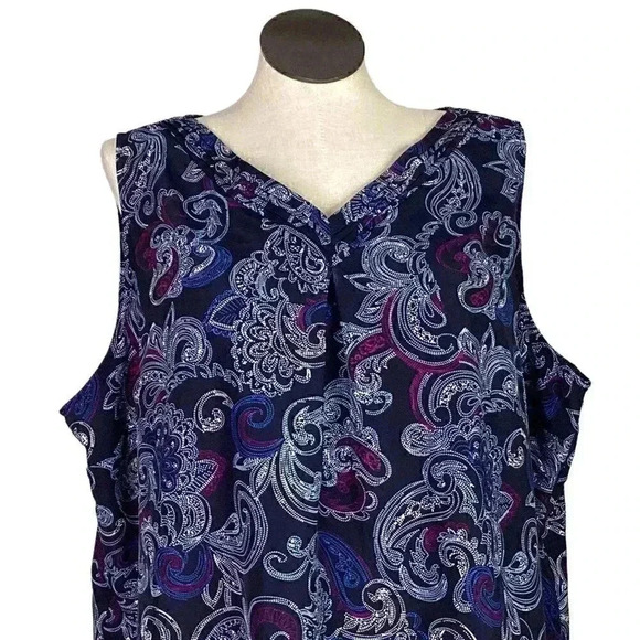 CJ Banks Women 3X Paisley Pleated Sleeveless V Neck Top Blue Polyester Crepe - Picture 2 of 5